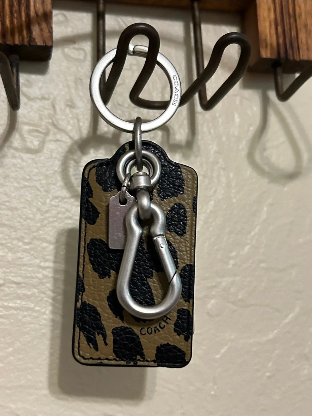 Coach Leopard Print Tan and Black Leather Key Fob with Silver Hardware
